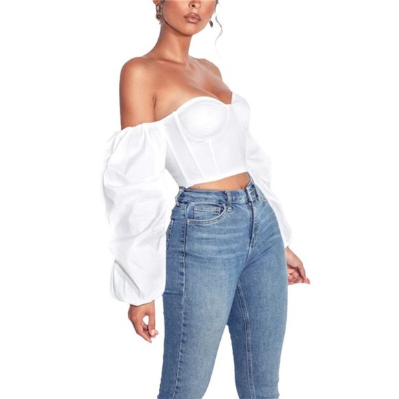 NEW Off Shoulders Long Puff Sleeve Crop Top with Boning White Satin - Picture 3 of 6